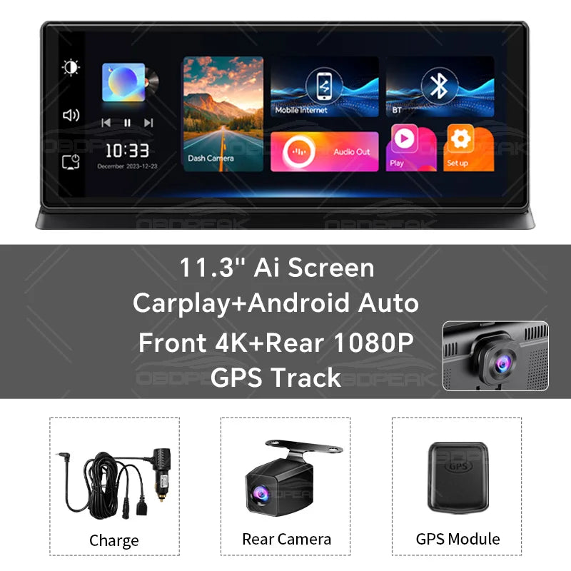 11.3インチ 4Kドライブレコーダー ワイヤレスCarPlay＆Android Auto対応 – デュアルレンズ、GPSナビ