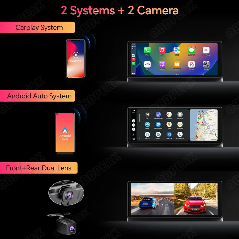 កាមេរ៉ាឡាន 4K 11.3" មាន CarPlay និង Android Auto ឥតខ្សែ – កែវពីរ ការរុករក GPS