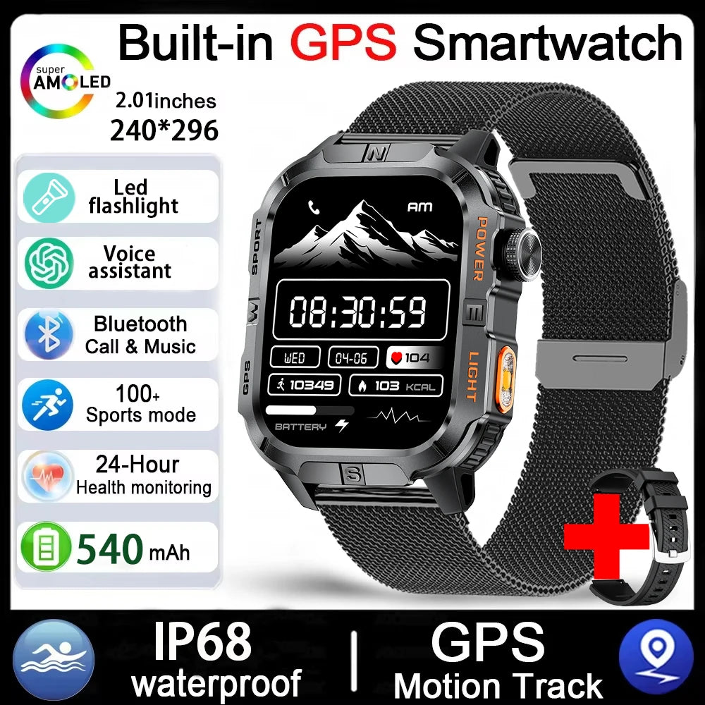 Rugged Outdoor Smart Watch for Men, 2.01" Display, GPS, Compass, LED Flashlight, IP68