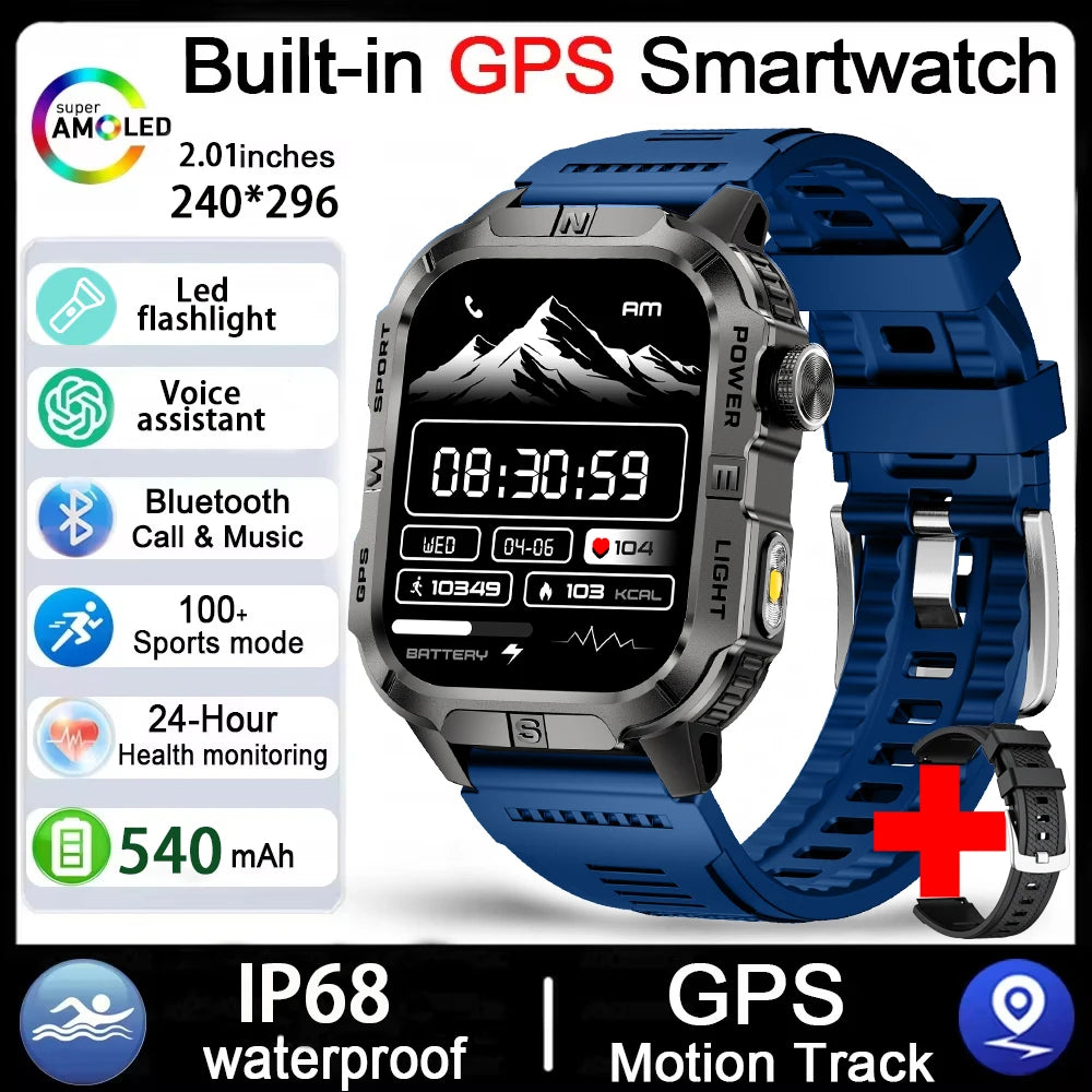 Rugged Outdoor Smart Watch for Men, 2.01" Display, GPS, Compass, LED Flashlight, IP68