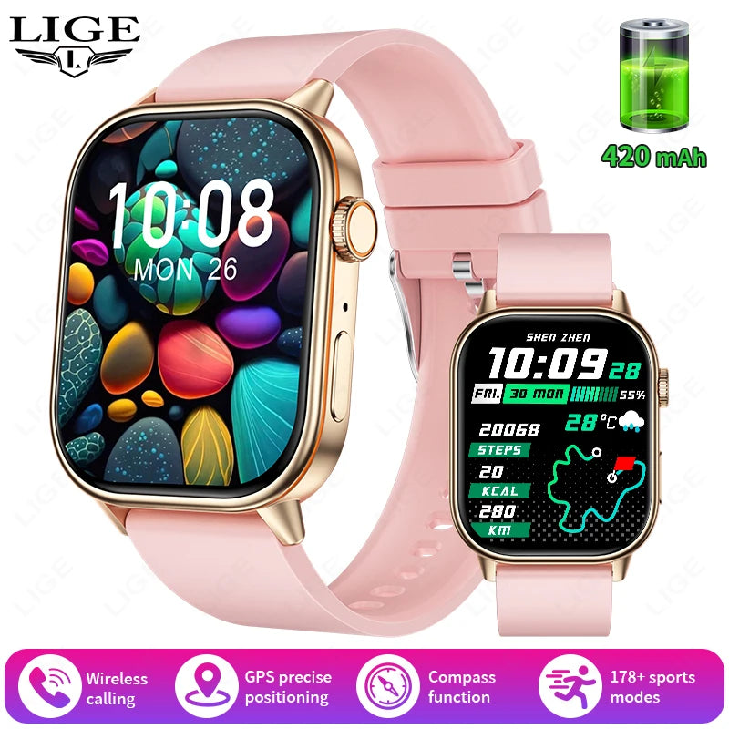 LIGE Women's GPS Smart Watch, 2.01" HD Screen, Compass, Bluetooth Calling, IP68