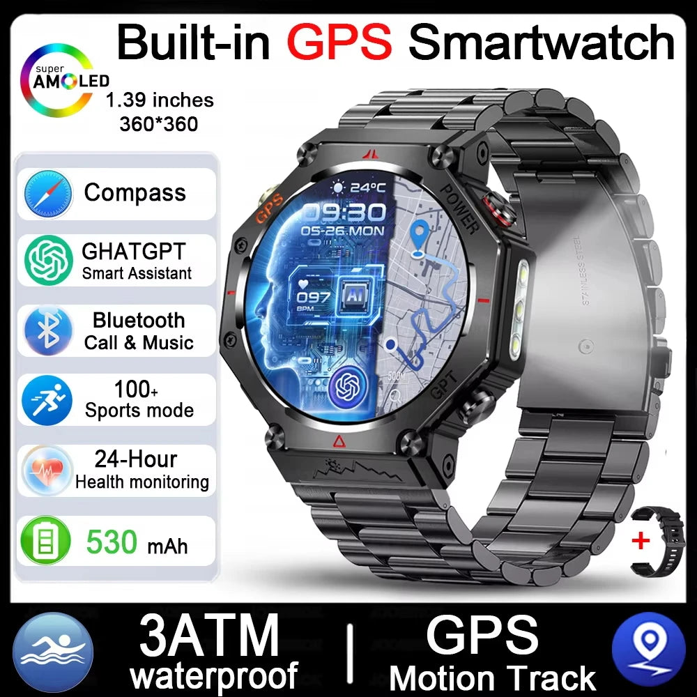 Military Outdoor GPS Smart Watch for Men, 1.39" Display, 5ATM, 530mAh Battery