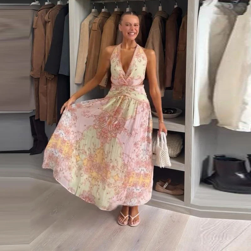 Fashion Printed Hollow-out Halter Dresses Women's Sleeveless Backless Waist-cinching Big-swing Dress 2026 New Lady Vacation Wear