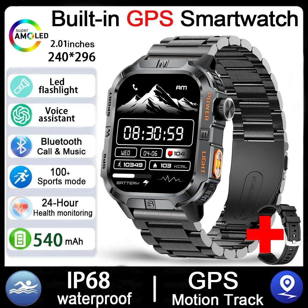 Rugged Outdoor Smart Watch for Men, 2.01" Display, GPS, Compass, LED Flashlight, IP68