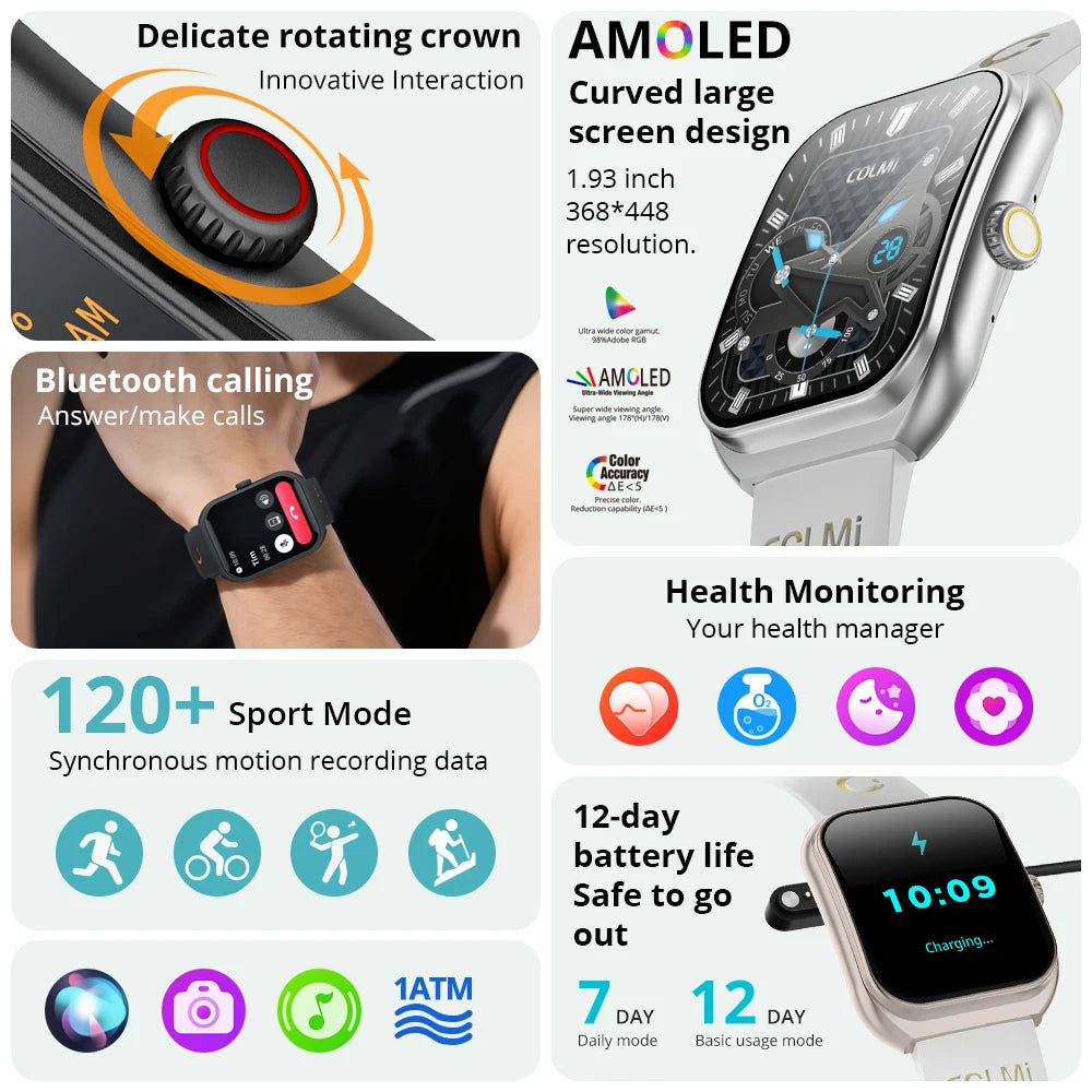 COLMI P86 Smart Watch, 1.93" AMOLED Display, Bluetooth Calling, IP68 Water Resistant