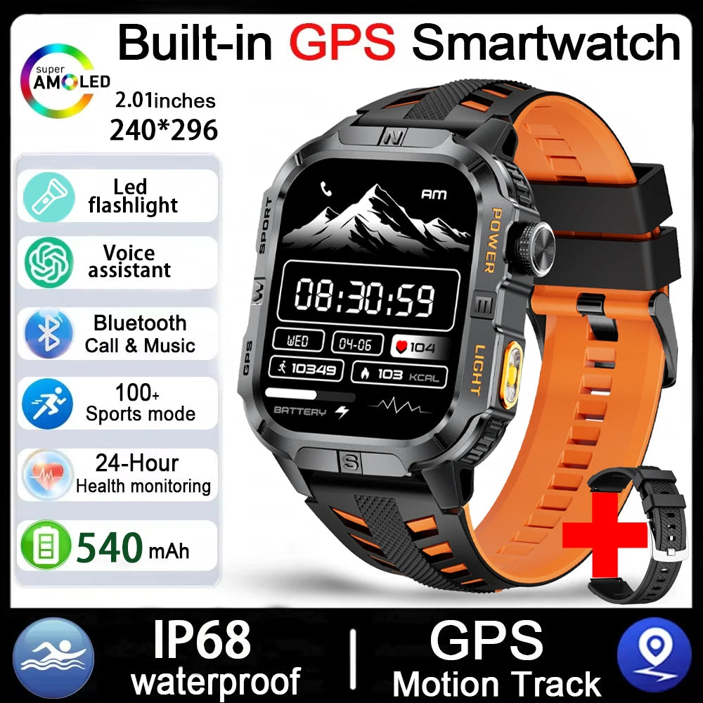Rugged Outdoor Smart Watch for Men, 2.01" Display, GPS, Compass, LED Flashlight, IP68