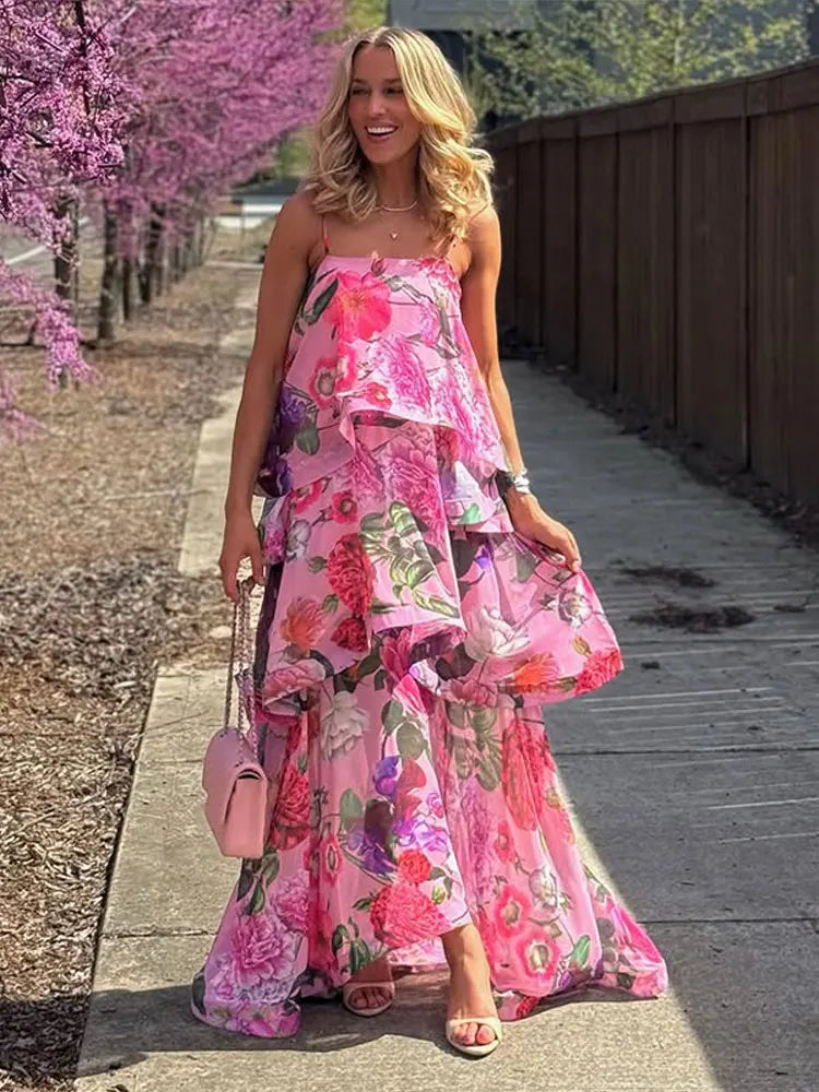 Urban Cascading Ruffle Print Women Long Dress Sexy Backless Sleeveless Slash Neck Female Dresses 2026 Summer Beach Lady Robe