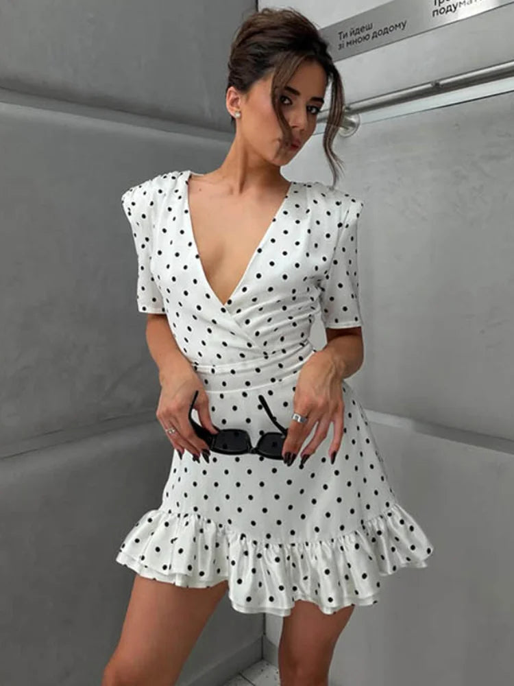 Women Elegant Printed V-neck Dress Chic Lapel Waist Cinched Pleated High Waisted Dresses 2026 Summer New Lady Vacation Vestidos