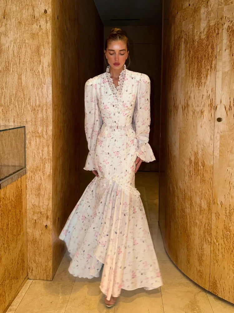 Floral Print Mermaid Skirt Set Women V-Neck Long Flare Sleeve Top Waist Cinched Ruffle Hem Maxi Skirts 2026 Chic Party Lady Suit