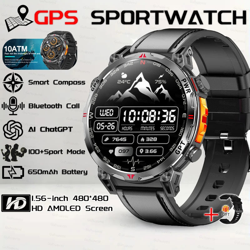 Outdoor GPS Sports Smart Watch for Men, 1.56" AMOLED, Compass, 10ATM Water Resistant