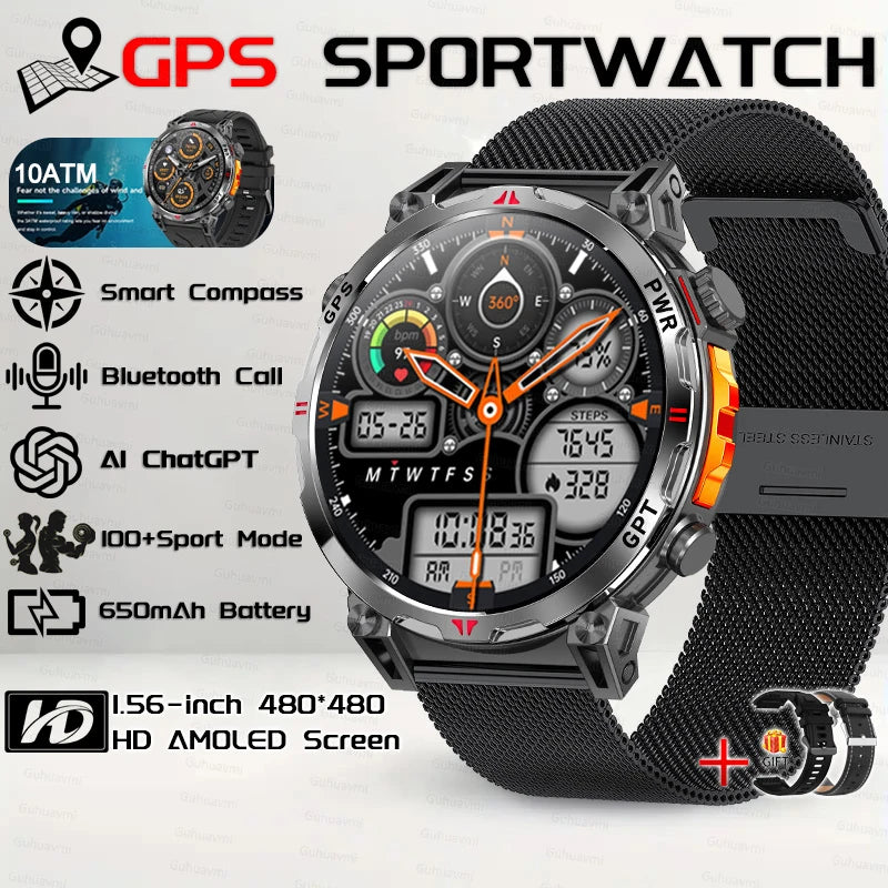 Outdoor GPS Sports Smart Watch for Men, 1.56" AMOLED, Compass, 10ATM Water Resistant