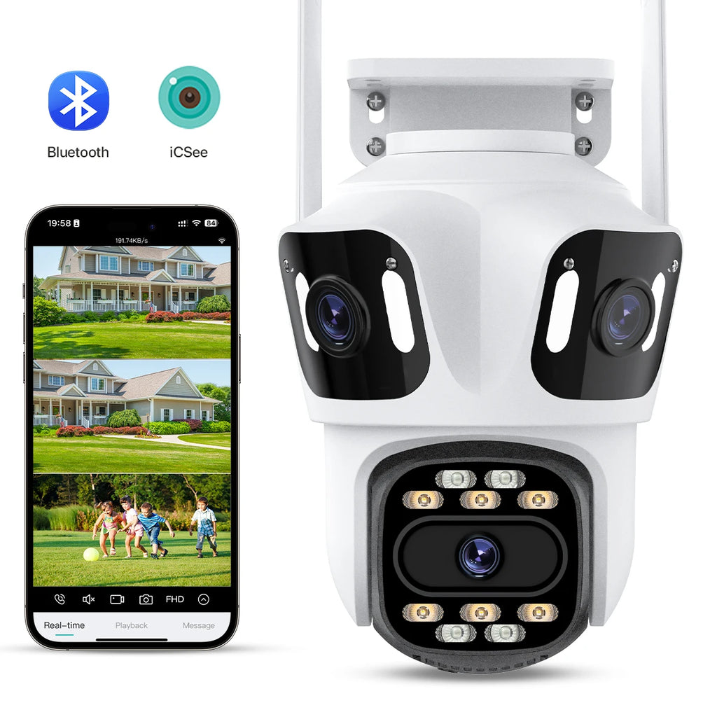 Three-Lens Outdoor PTZ Security Camera – Triple-Screen View & Night Vision
