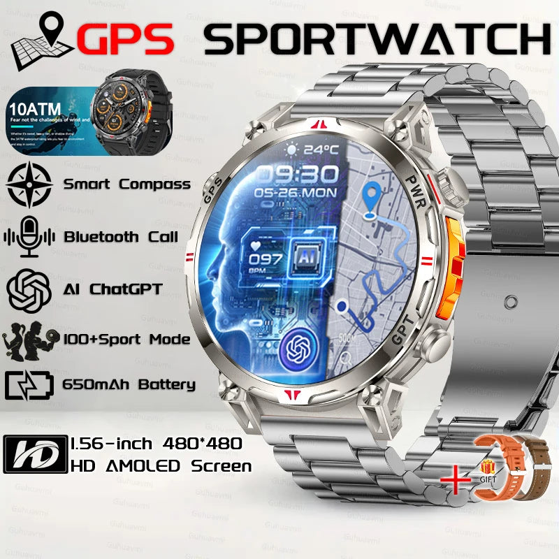 Outdoor GPS Sports Smart Watch for Men, 1.56" AMOLED, Compass, 10ATM Water Resistant