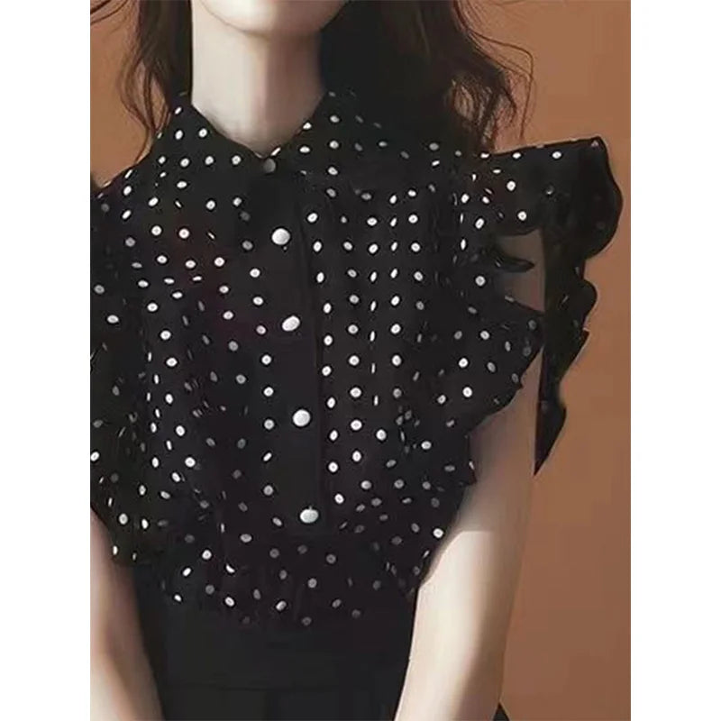 Black Polka Dot Sleeveless Chiffon Shirt Women's Summer Fashionable Beautiful Top Fairylike Flying Sleeve Short Sleeve Shirt