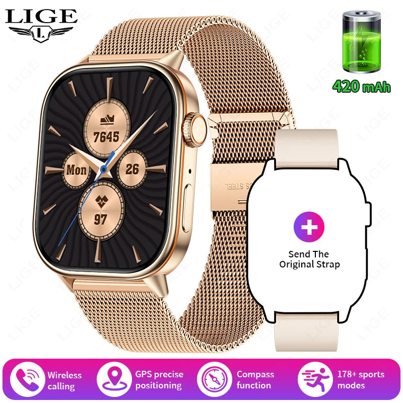 LIGE Women's GPS Smart Watch, 2.01" HD Screen, Compass, Bluetooth Calling, IP68
