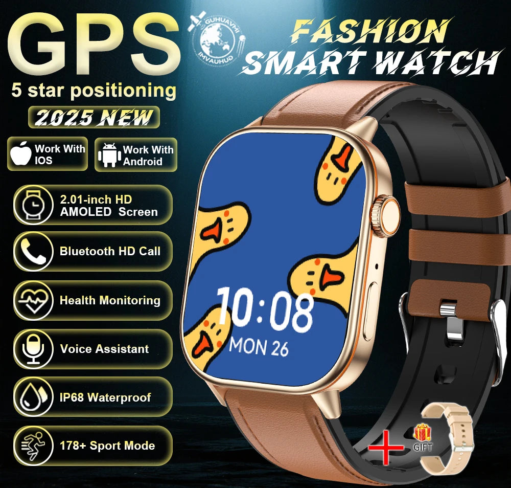 Outdoor GPS Smart Watch for Men, 2.01" AMOLED, Compass, 178+ Sports Modes