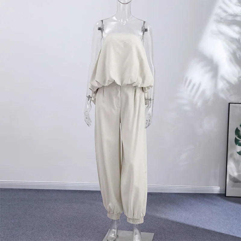 Casual Solid Two-Piece Set Women Strapless Sleeveless Pleated Top Loose Lantern Pants 2026 Summer New Lady Casual Basic Outfit