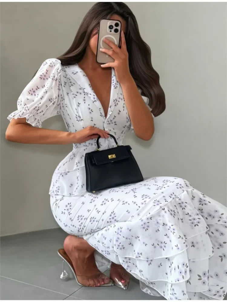Women Elegant Printed V-neck Dress Chic Lapel Waist Cinched Pleated High Waisted Dresses 2026 Summer New Lady Vacation Vestidos