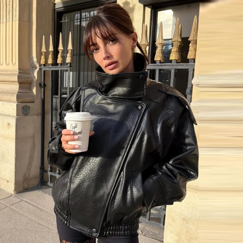 Women's Cropped Faux Leather Bomber Jacket – Oversized Zip-Up Black Jacket