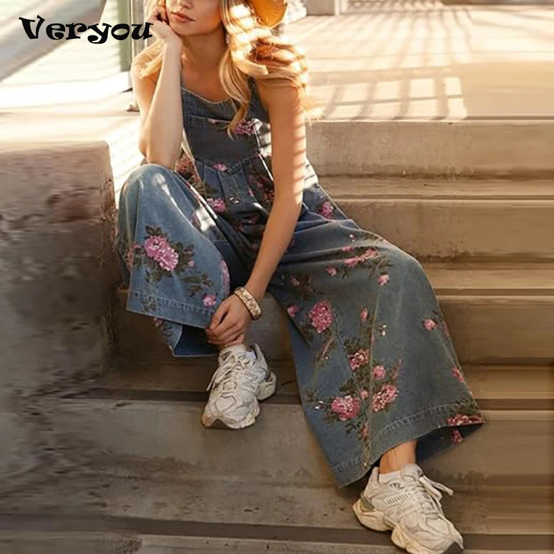 Summer Floral Printed Sleeveless Jumpsuit Women Casual Pocket Multicolor Overalls Square Wide Pants Jumpsuit Women Playsuits