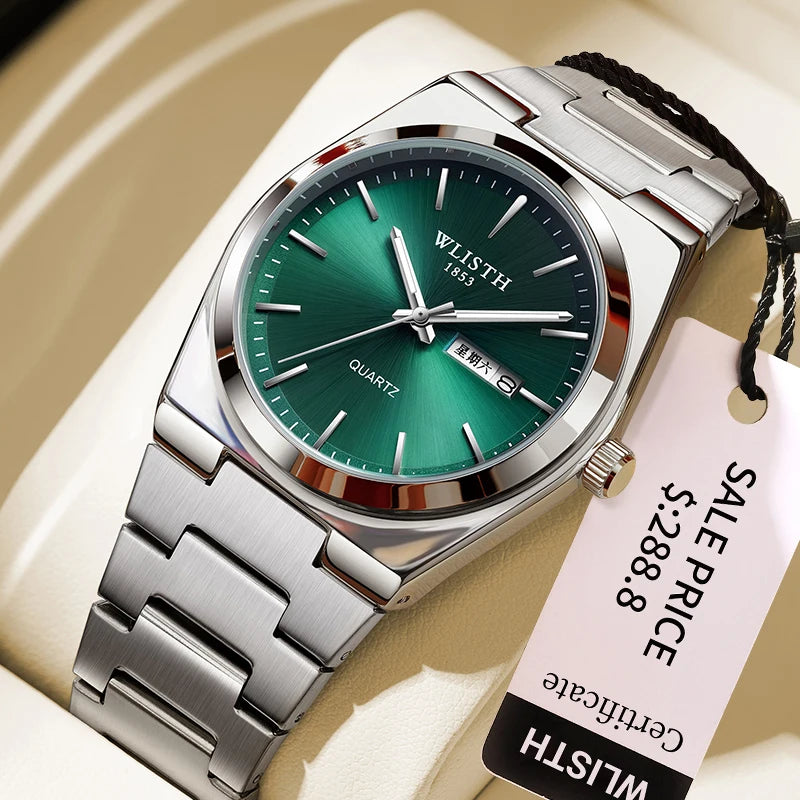 Men's Quartz Watch with Luminous Hands, Date & Week Display, Stainless Steel Band, Water Resistant
