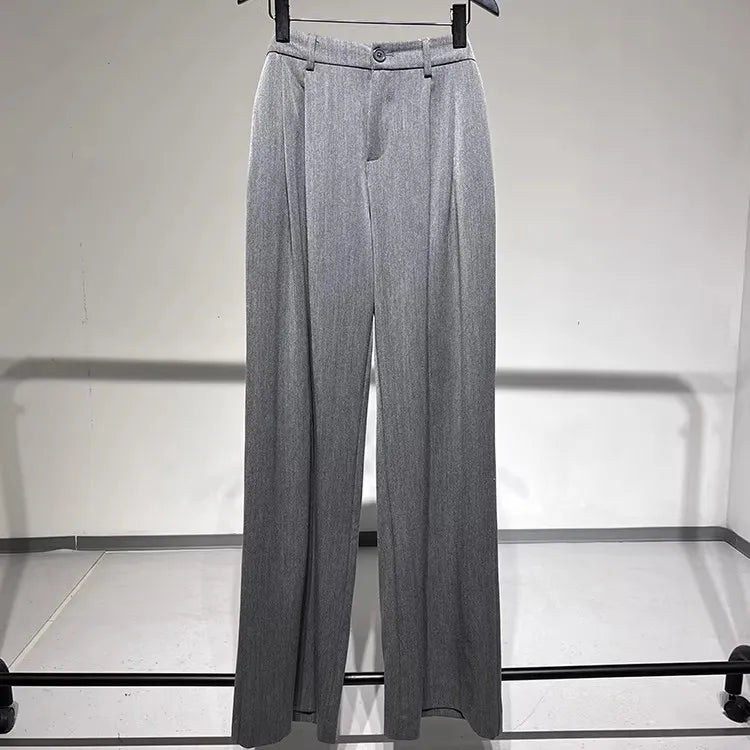 2026 Fall Winter Elegant Gray Suits Pants for Women Office Lady High Waist Wide Leg Fashion Trousers with Pockets Black Pant