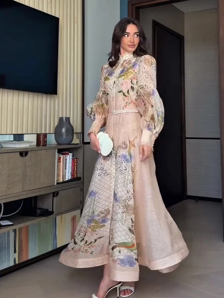 Elegant Women's Dress Full Sleeve Waist Belt A-line Hem Female Printed Dresses 2026 Summer Fashion Chic New Holiday Lady Robe