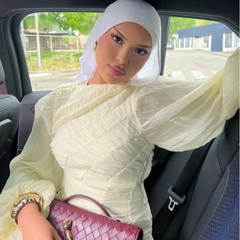 2026 Summer Women's Elegant Pleated Long Dress O-neck Loose Folds Lantern Sleeve Holiday Beach Commute Chic Vestidos