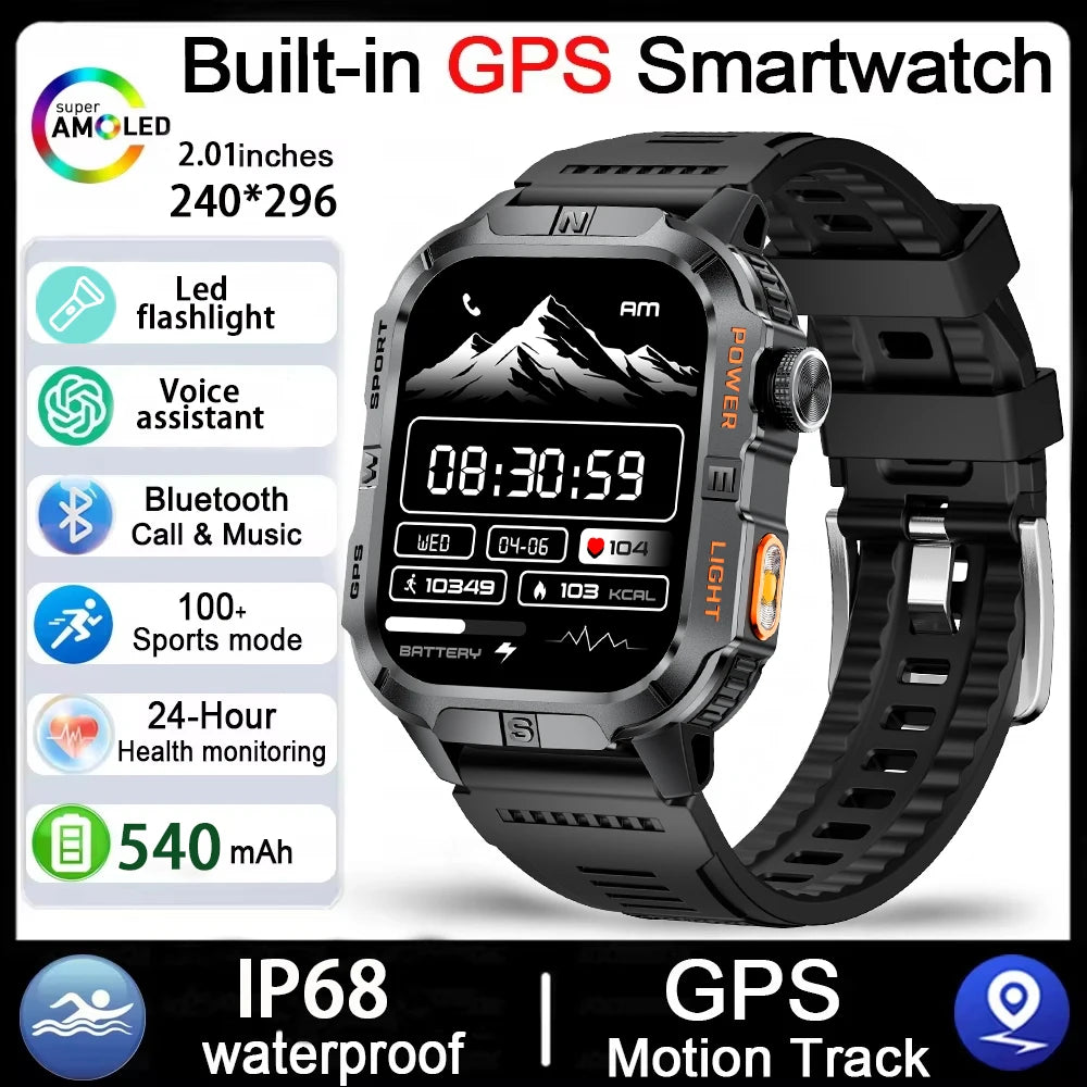 Rugged Outdoor Smart Watch for Men, 2.01" Display, GPS, Compass, LED Flashlight, IP68