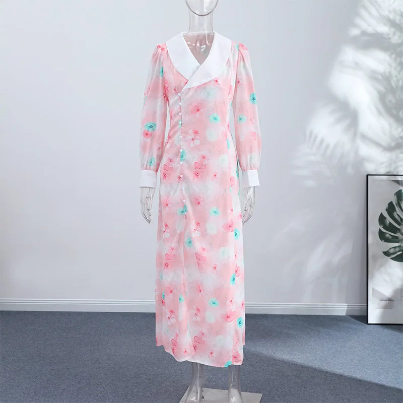 Elegant Printed V-Neck Contrast Dress Women's Side Single Breasted Lace Up Maxi Dresses 2026 Summer New Ladies Chic Party Gown