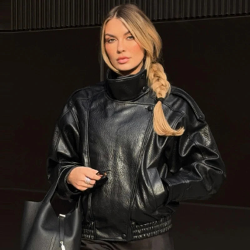 Women's Cropped Faux Leather Bomber Jacket – Oversized Zip-Up Black Jacket
