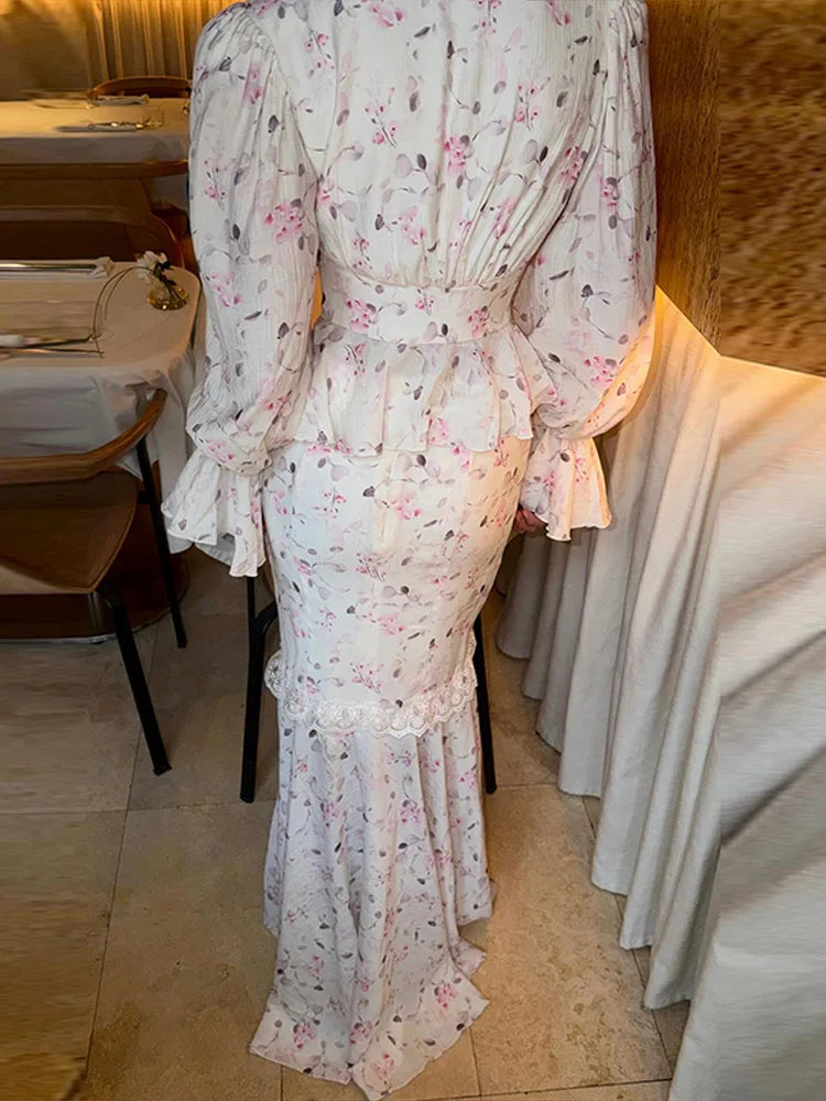 Floral Print Mermaid Skirt Set Women V-Neck Long Flare Sleeve Top Waist Cinched Ruffle Hem Maxi Skirts 2026 Chic Party Lady Suit
