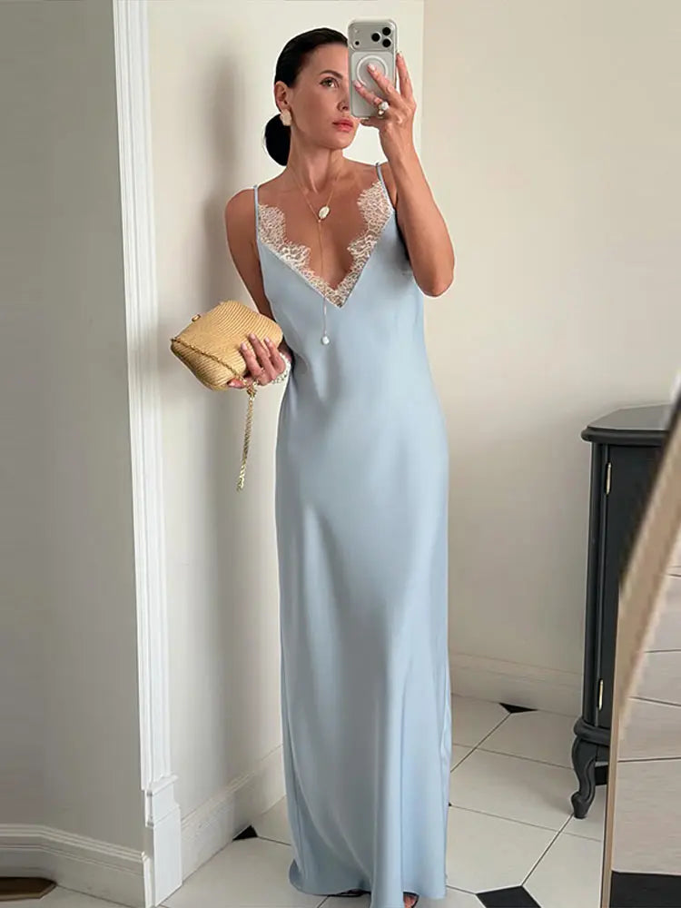 Elegant Lace Patchwork Women's Dress V-Neck Sleeveless Slip Female Long Dresses 2026 Summer Vacation Sexy Solid Chic Lady Robe