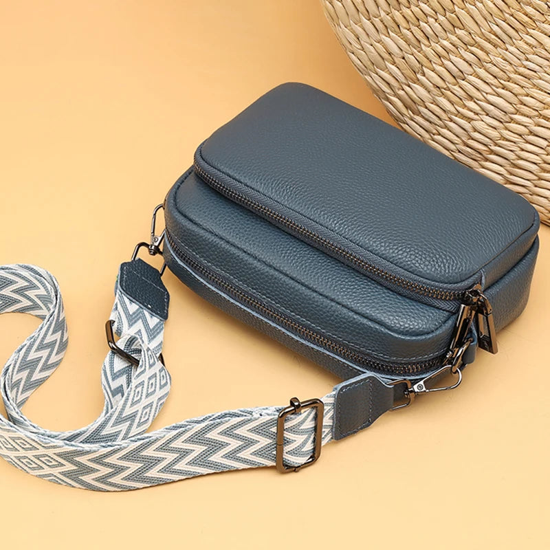 Genuine Leather Crossbody Bag – Soft Cowhide Messenger Bag with Wide Strap
