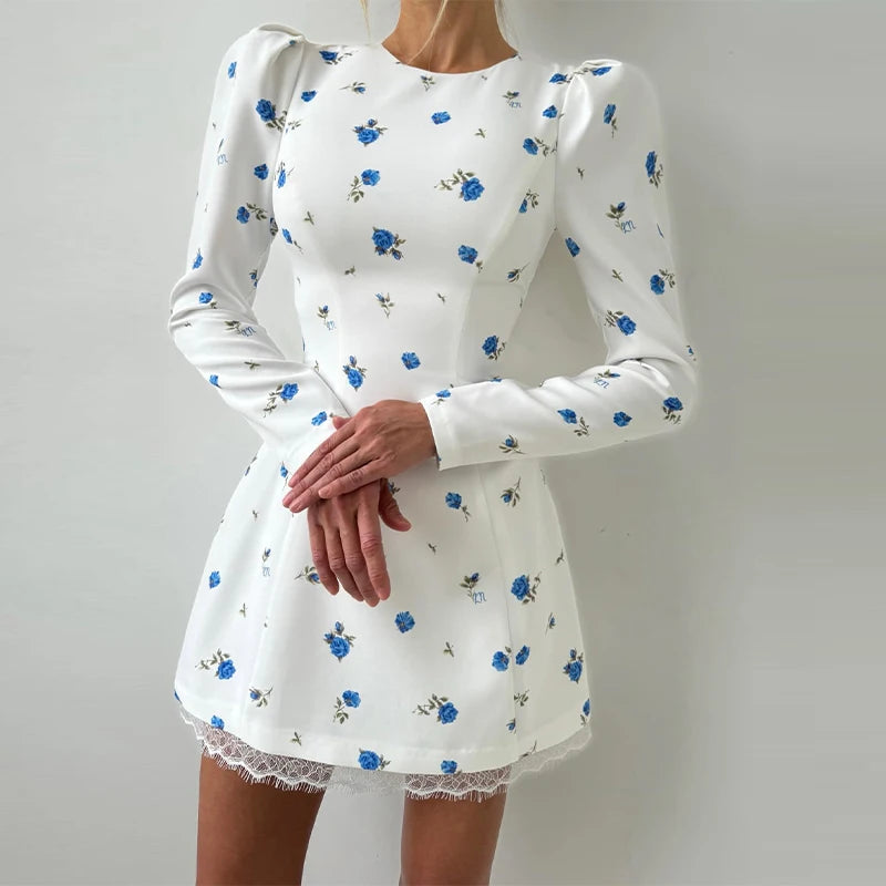 Chic Floral Two-tone Print Dress Long Puff Sleeves Round Neck Back Heart Cutout Lace Trim A-line Mini Dress Party Fashion Gown