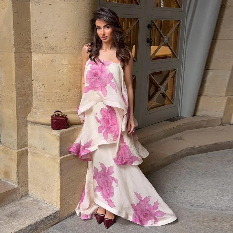 Urban Cascading Ruffle Print Women Long Dress Sexy Backless Sleeveless Slash Neck Female Dresses 2026 Summer Beach Lady Robe