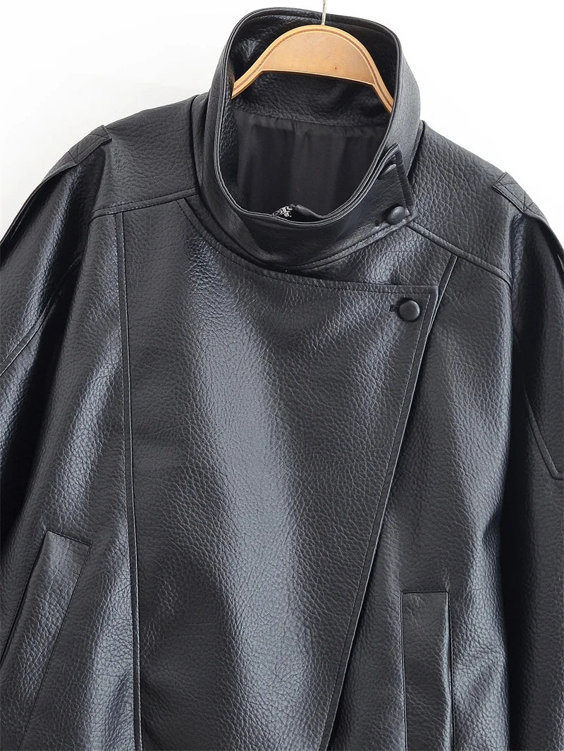 Women's Black Faux Leather Moto Jacket – Pebble Texture Long Sleeve Biker Jacket