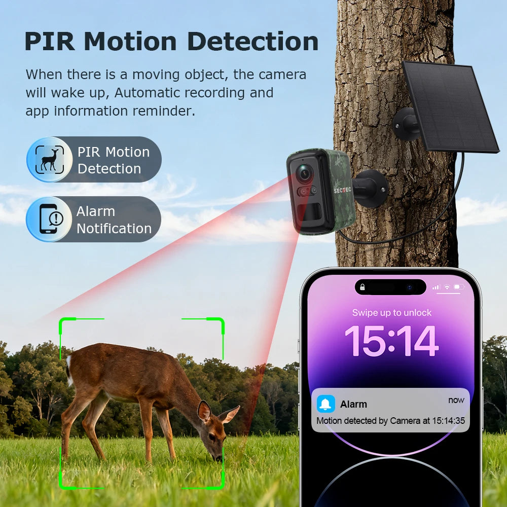 SECTEC 4G Solar Security Camera Outdoor 5MP Camouflage Wireless WiFi Battery Camera Color Night Vision PIR Human Detection IP66