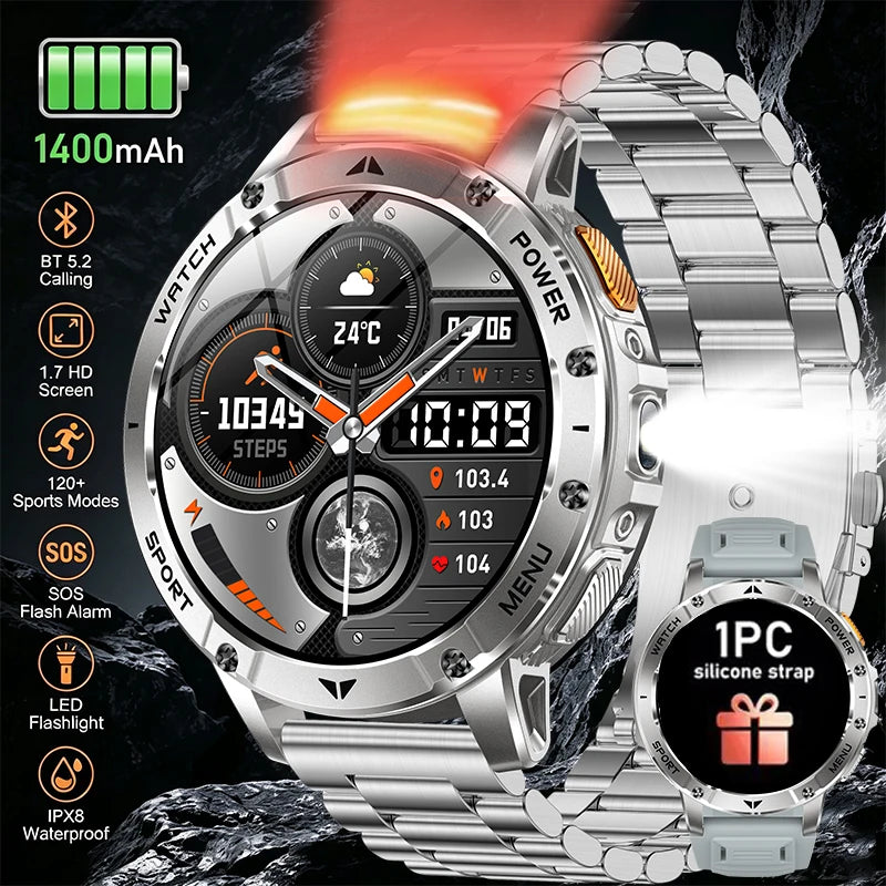 Rugged Smart Watch with 1400mAh Battery, 1.7" Display, IPX8, LED Flashlight, SOS