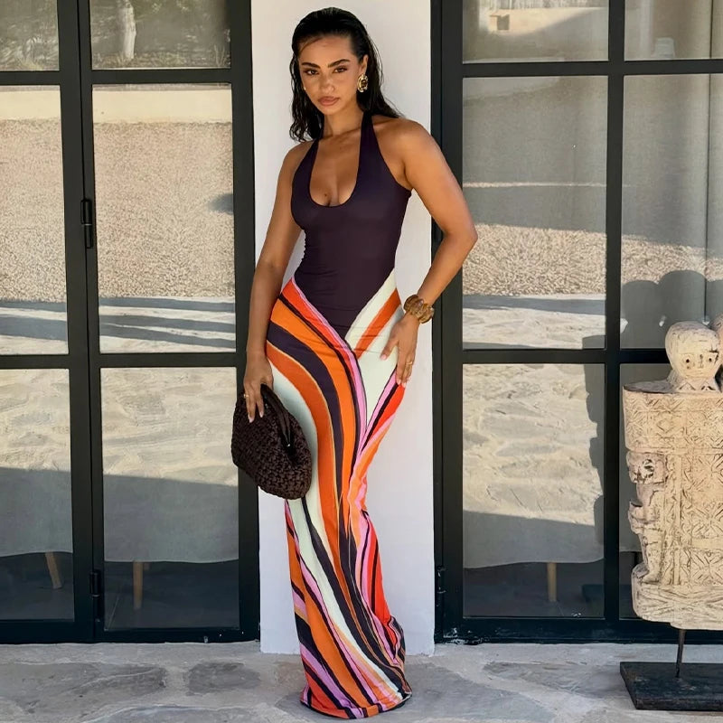 Fashion Women's Color Blocking Halter Long Dress Slim Sleeveless Backless Square Neck Bodycon Dresses 2026 Summer Lady Robes