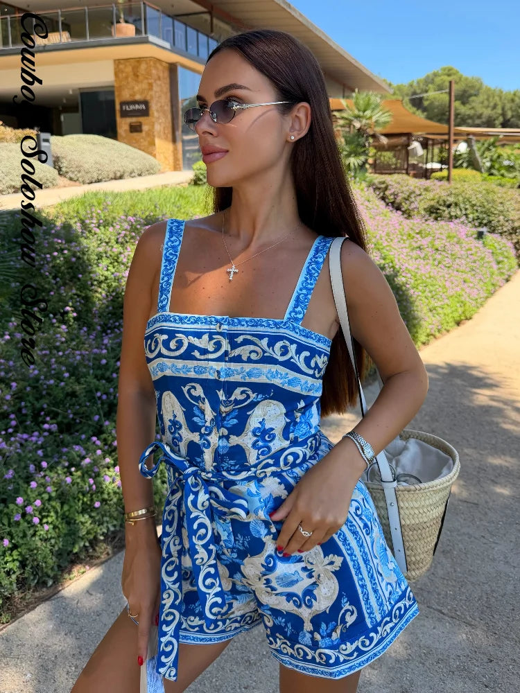 Vintage Printed Women's Short Jumpsuit Square Neck Sleeveless Waist Cinching Lace Up Strap Jumpsuits New Causal Beach Clothes