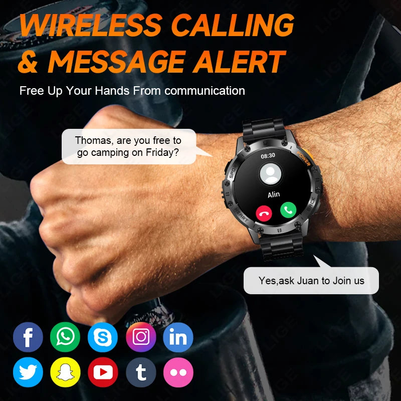 Men's AMOLED Smart Watch with LED Flashlight, Bluetooth Calling, Water Resistant