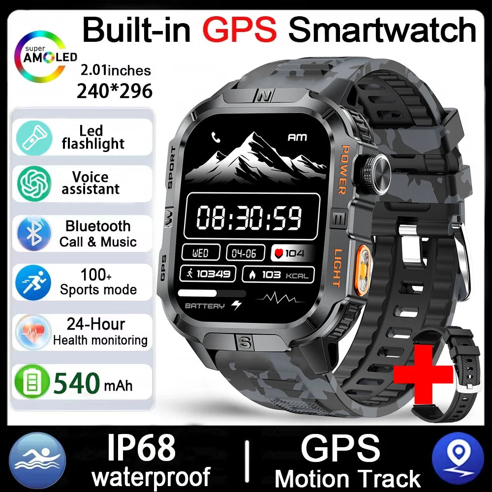 Rugged Outdoor Smart Watch for Men, 2.01" Display, GPS, Compass, LED Flashlight, IP68