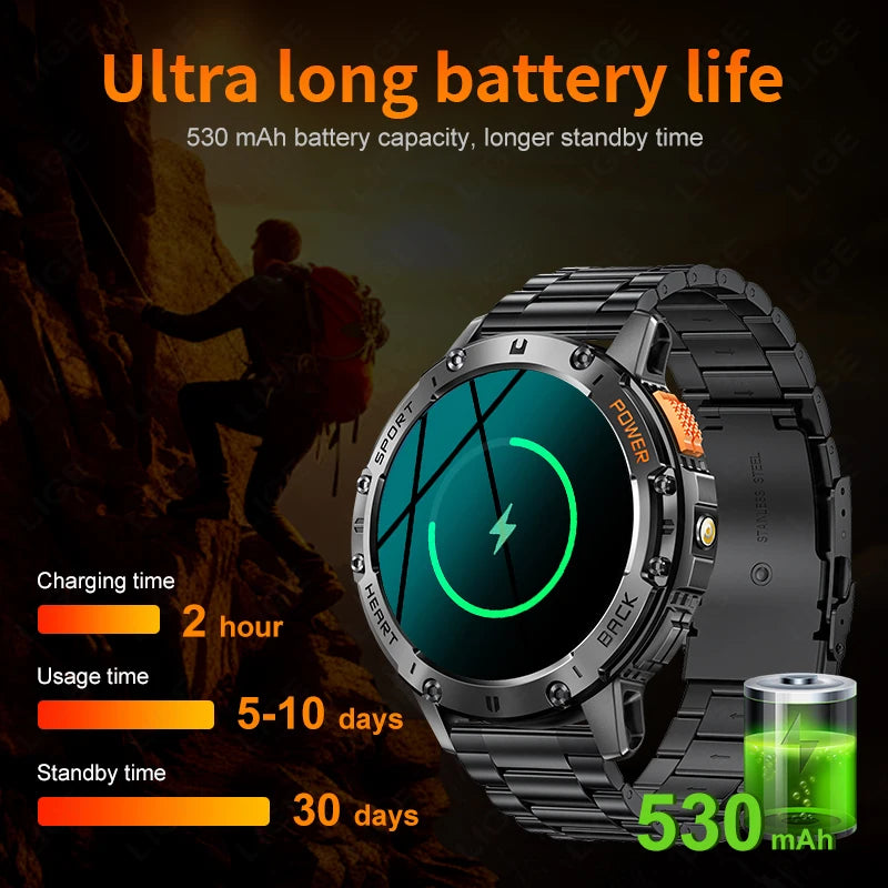Men's AMOLED Smart Watch with LED Flashlight, Bluetooth Calling, Water Resistant