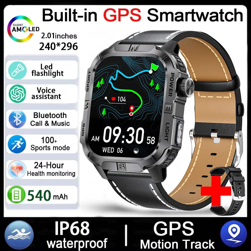 Rugged Outdoor Smart Watch for Men, 2.01" Display, GPS, Compass, LED Flashlight, IP68