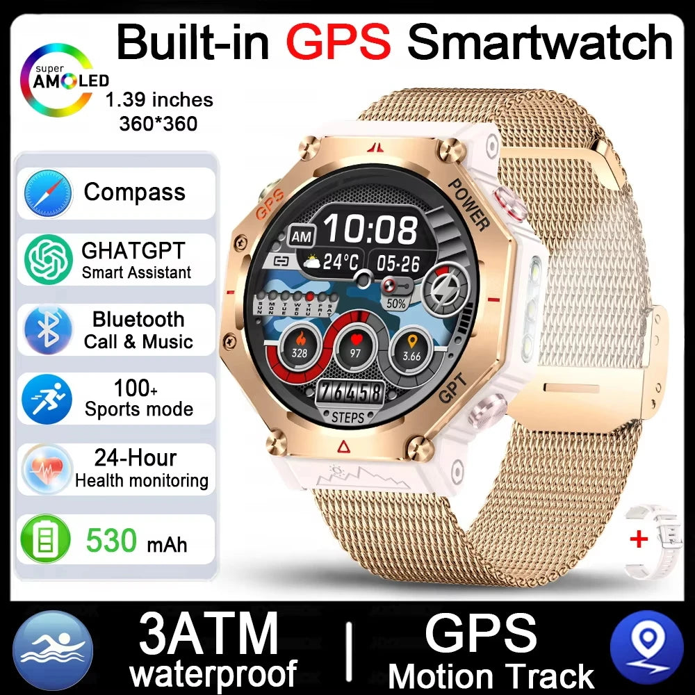 Military Outdoor GPS Smart Watch for Men, 1.39" Display, 5ATM, 530mAh Battery
