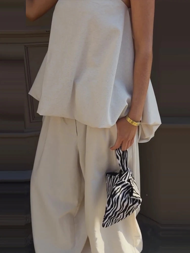 Casual Solid Two-Piece Set Women Strapless Sleeveless Pleated Top Loose Lantern Pants 2026 Summer New Lady Casual Basic Outfit