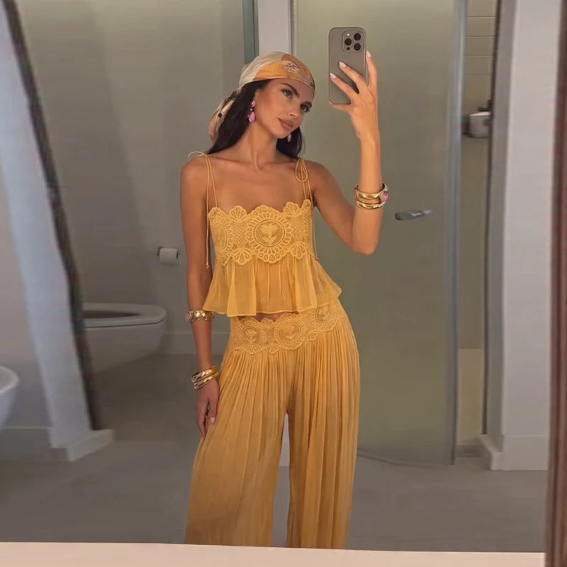 Lace Women Two Piece Set Camisole Tank Top See Through Wide Leg Jogger Pants Stylish Two Piece Outfit Lace Trim Detail  Fashion