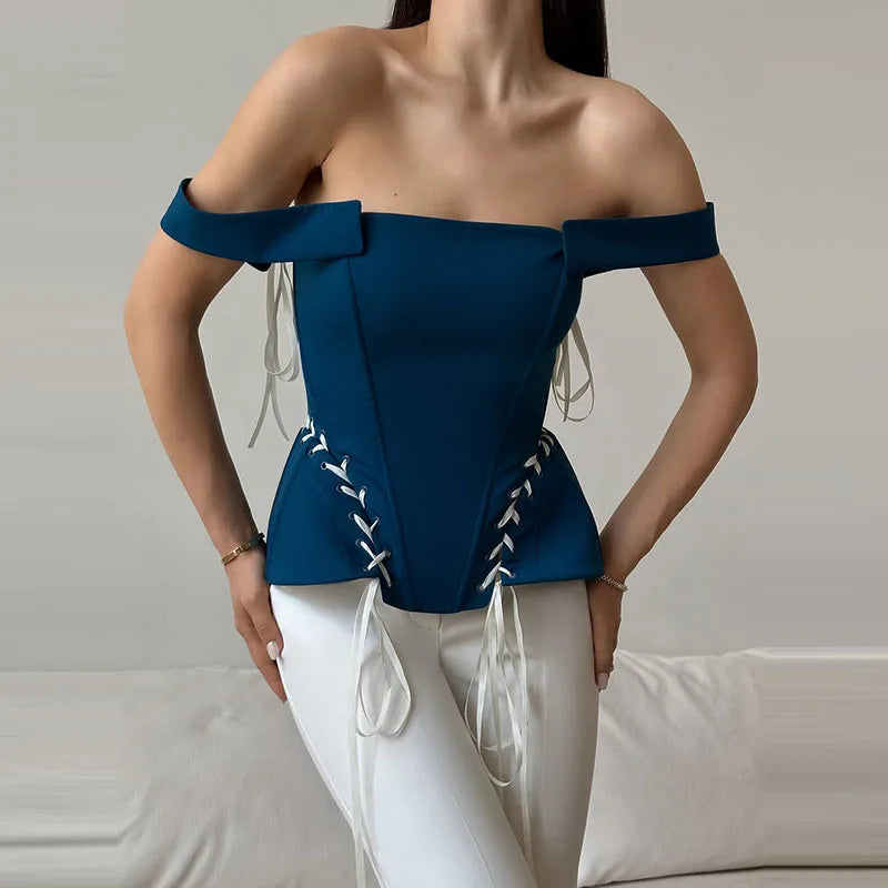 Navy Blue Corset Tops Women's Slim Sleeveless Waist-cinching Lace-up Off-shoulder Blouses 2026 New Ladies Summer Office Outfit