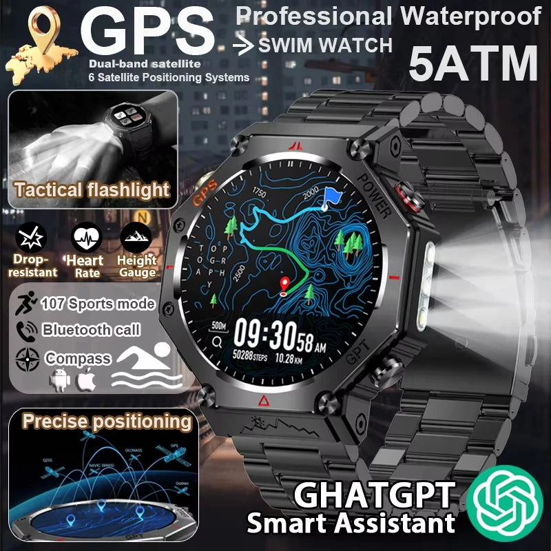 Military Outdoor GPS Smart Watch for Men, 1.39" Display, 5ATM, 530mAh Battery